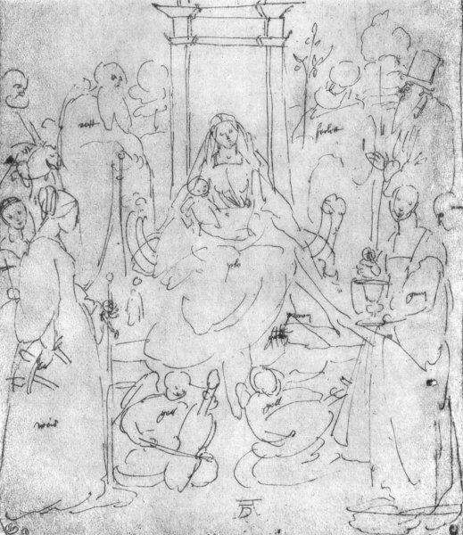 Madonna and Child, saints and angels playing